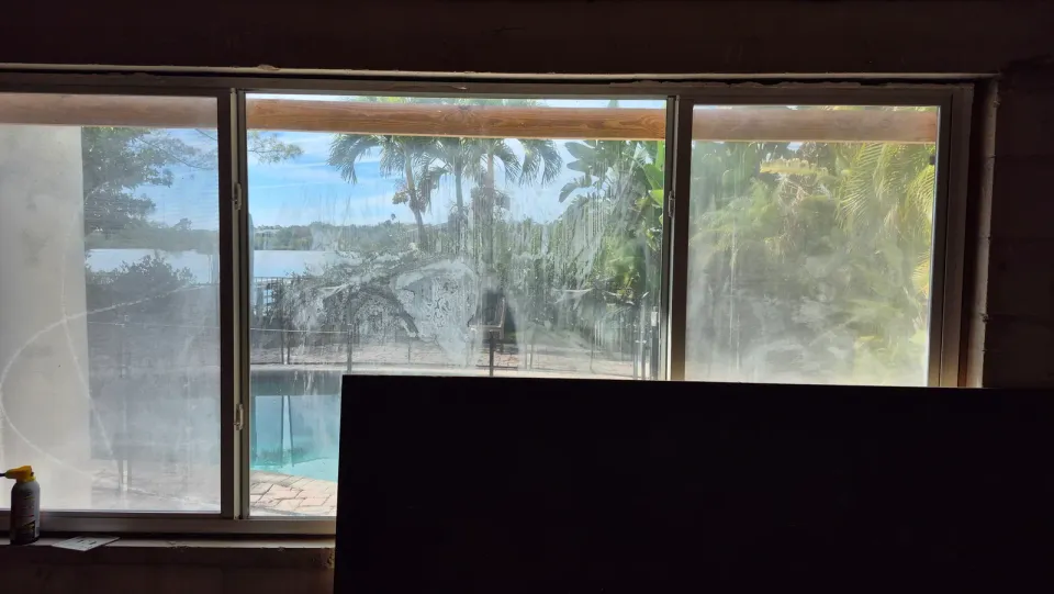 Window panes with visible clouding and streaks