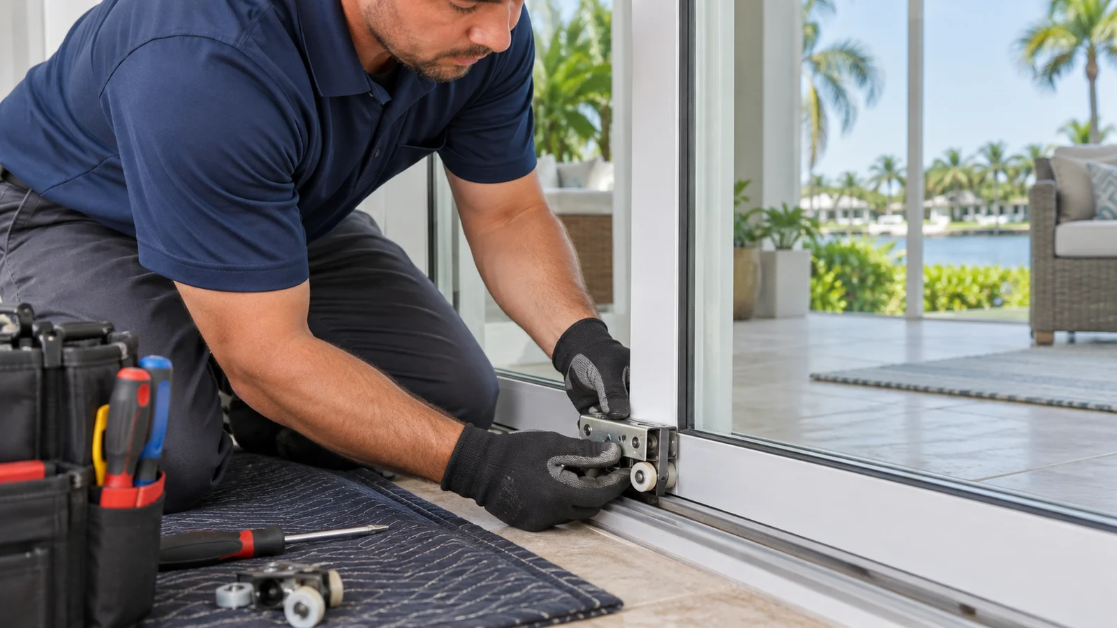 Technician inspecting patio door rollers and the lower sliding door track during a Tampa Bay repair visit.