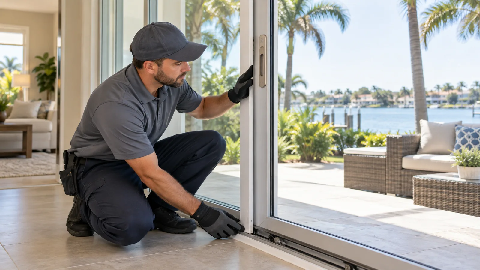 Technician checking the latch-side alignment and lower track of a sliding patio door in a Tampa Bay home.