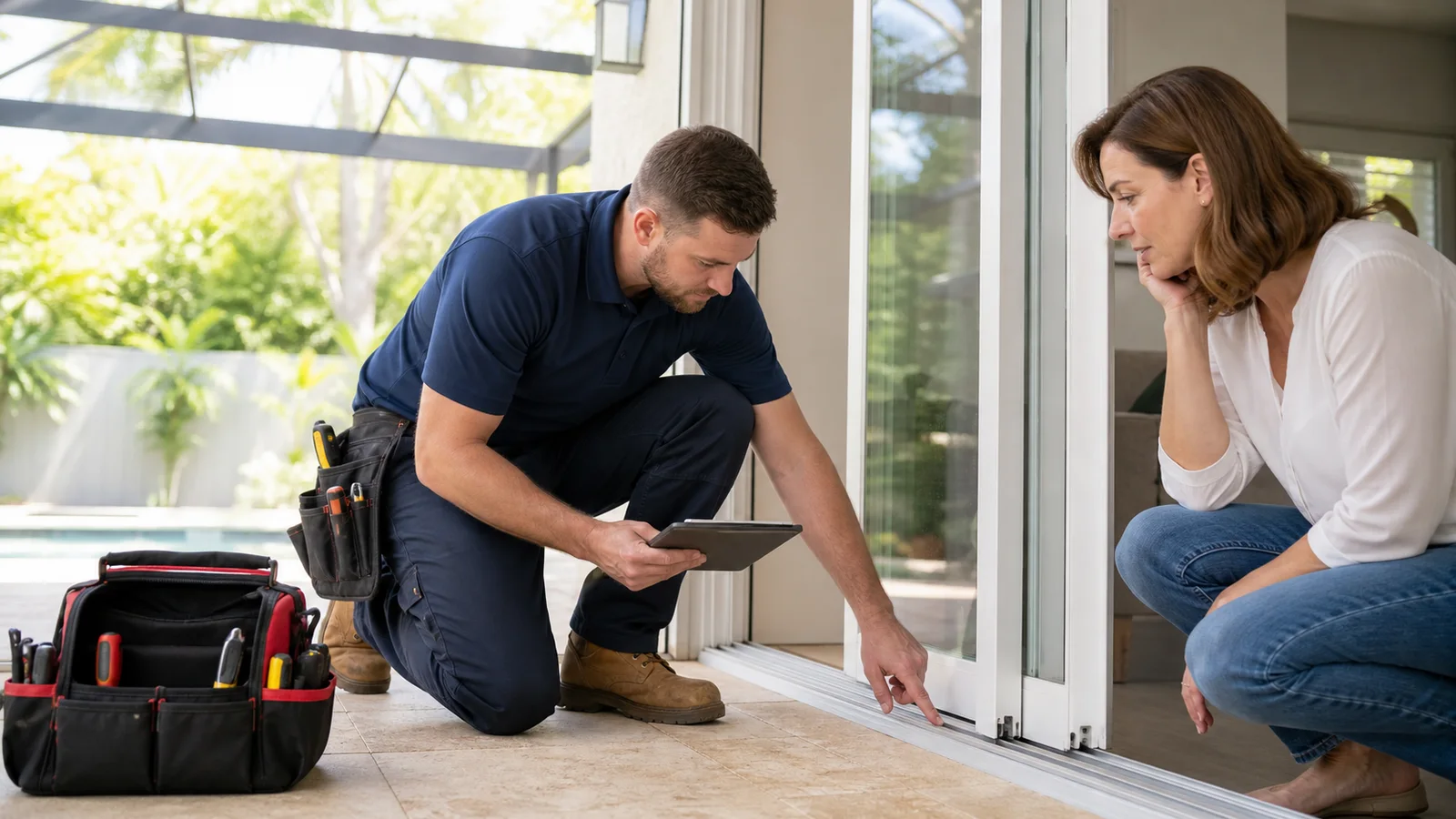 Technician inspecting the lower track and roller area of a sliding patio door while discussing repair cost factors with a Tampa Bay homeowner.
