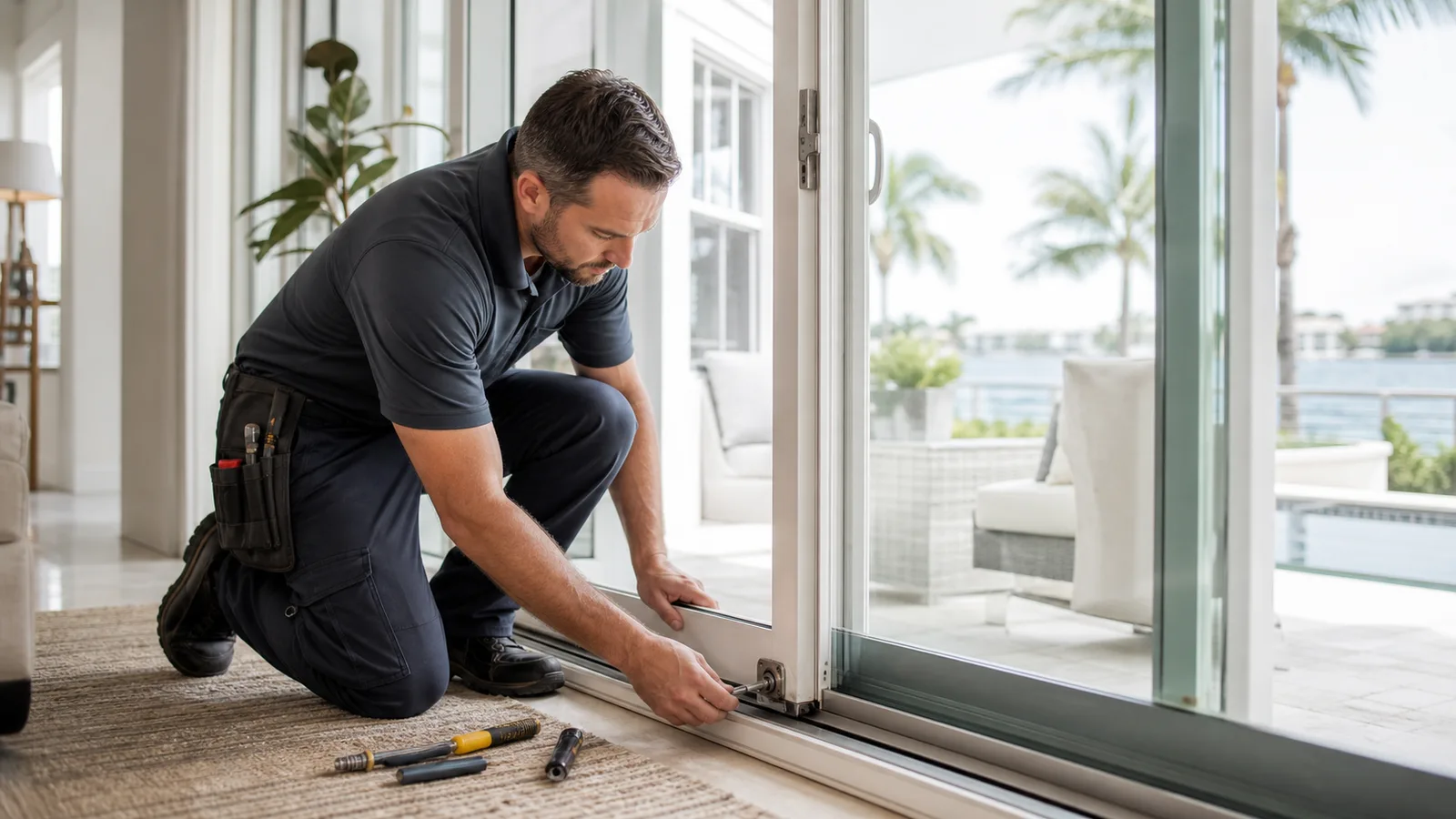 Professional technician inspecting the lower track and roller area of a sliding patio door during a Tampa Bay service call.