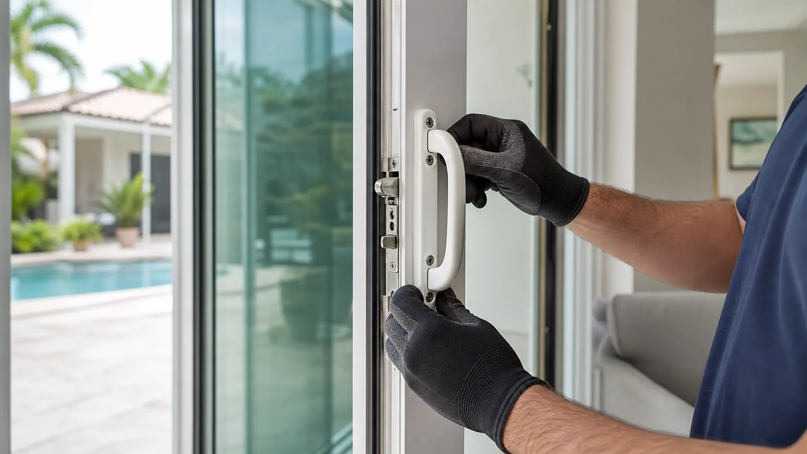 Technician checking the lock and handle hardware on a sliding patio door in a Tampa Bay home.