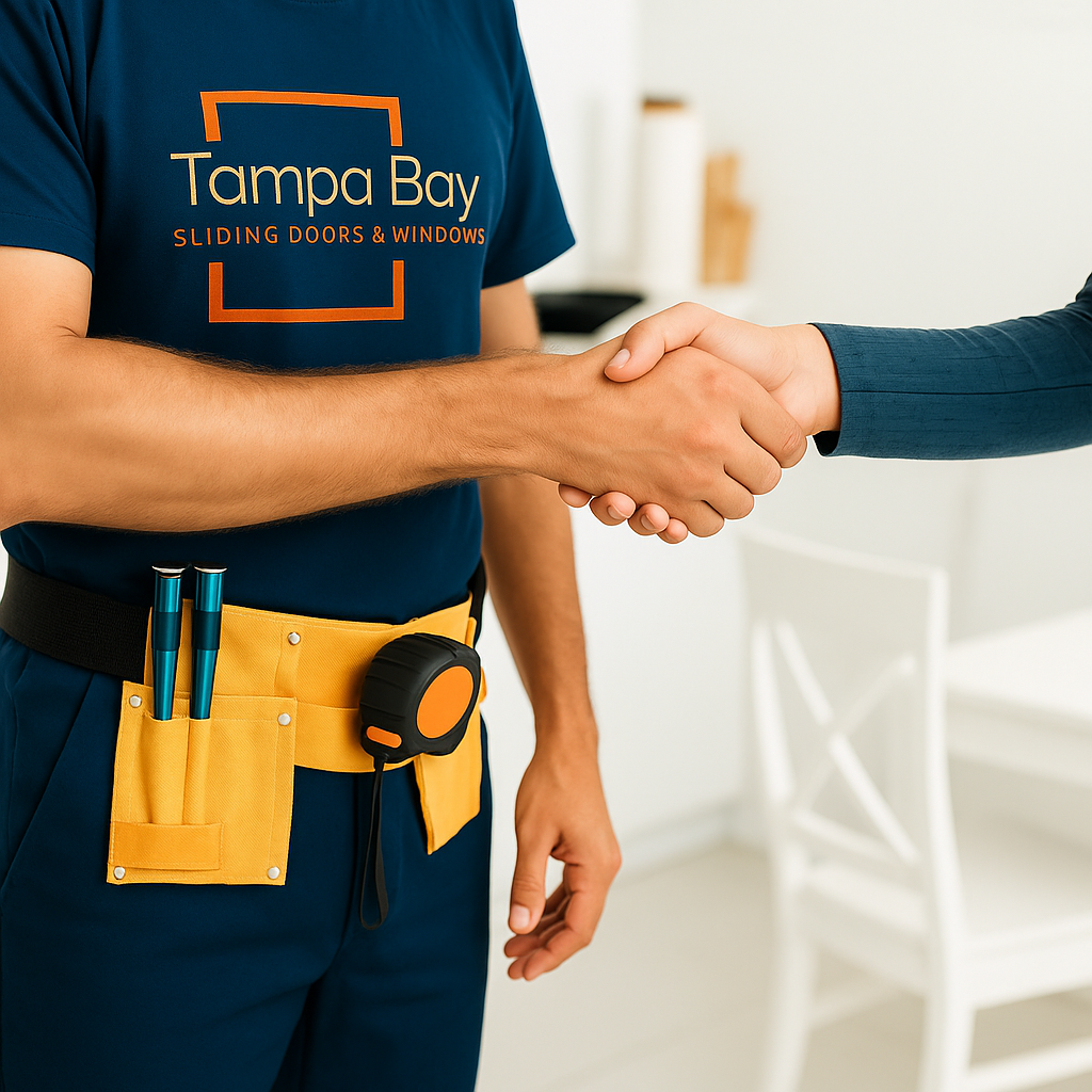Tampa Bay Sliding Doors technician shaking hands with a client after a repair